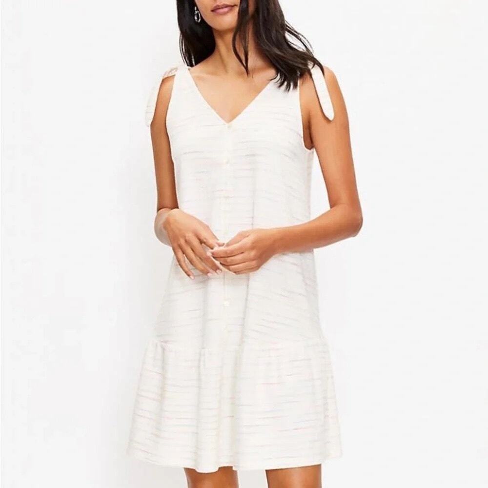 Loft EUC Women's Ivory Multicolor Flouce Hem Bow Straps Dress Size L Tall